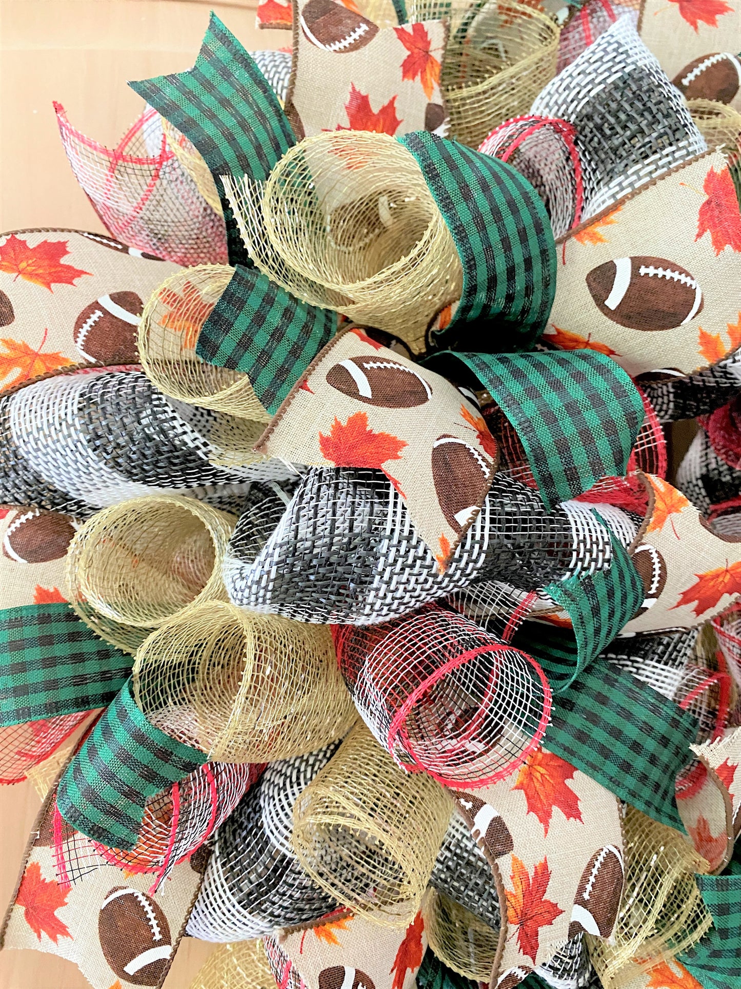 Fall Football Wreath, Deco Mesh and Ribbon Wreath, Green, Brown, Beige, Gold, Red, Black, White, Medium to Large Size