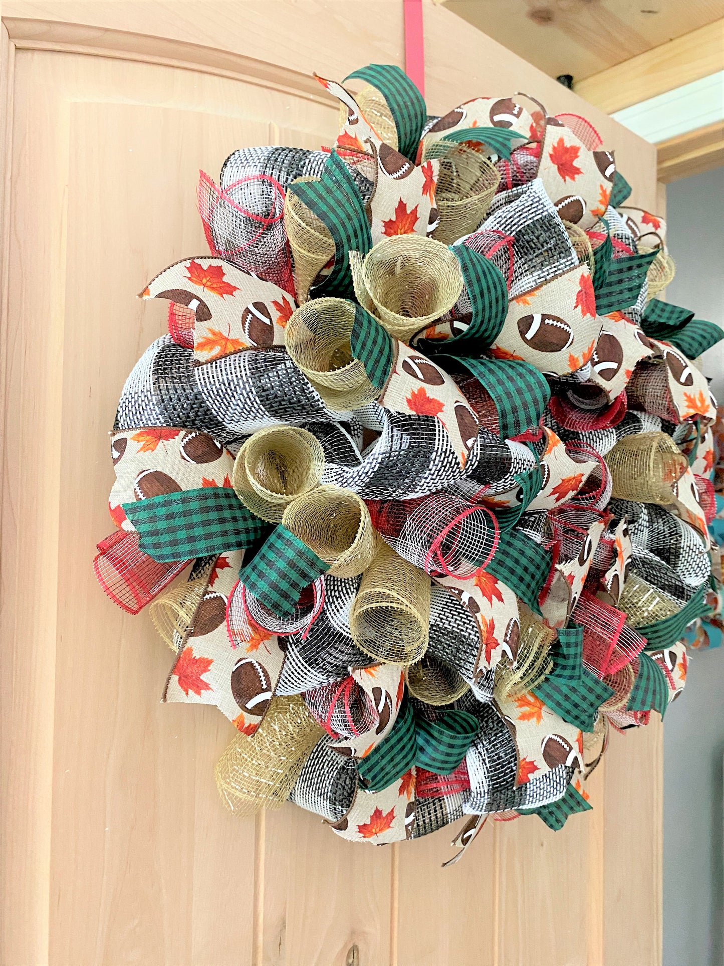 Fall Football Wreath, Deco Mesh and Ribbon Wreath, Green, Brown, Beige, Gold, Red, Black, White, Medium to Large Size