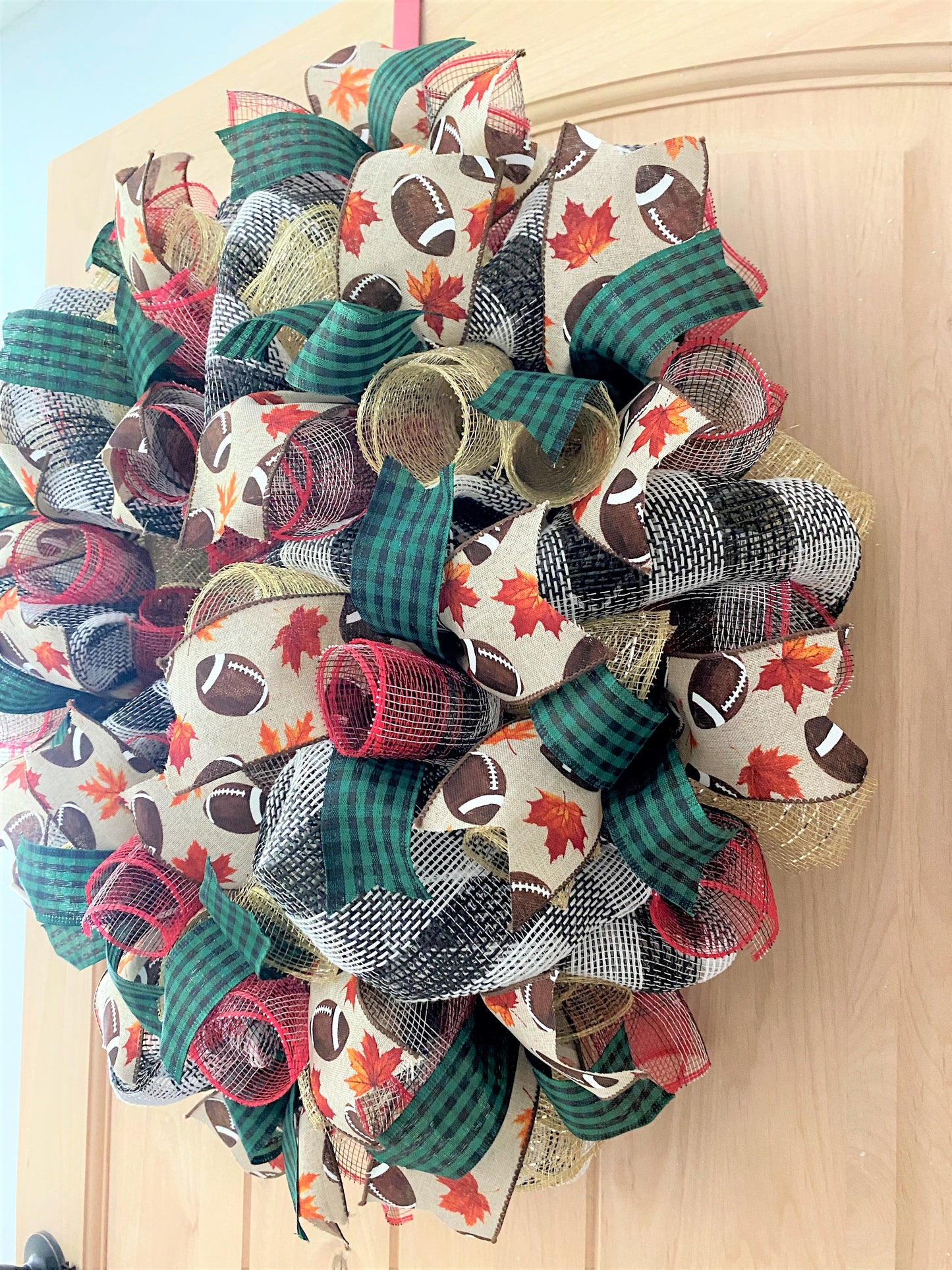 Fall Football Wreath, Deco Mesh and Ribbon Wreath, Green, Brown, Beige, Gold, Red, Black, White, Medium to Large Size