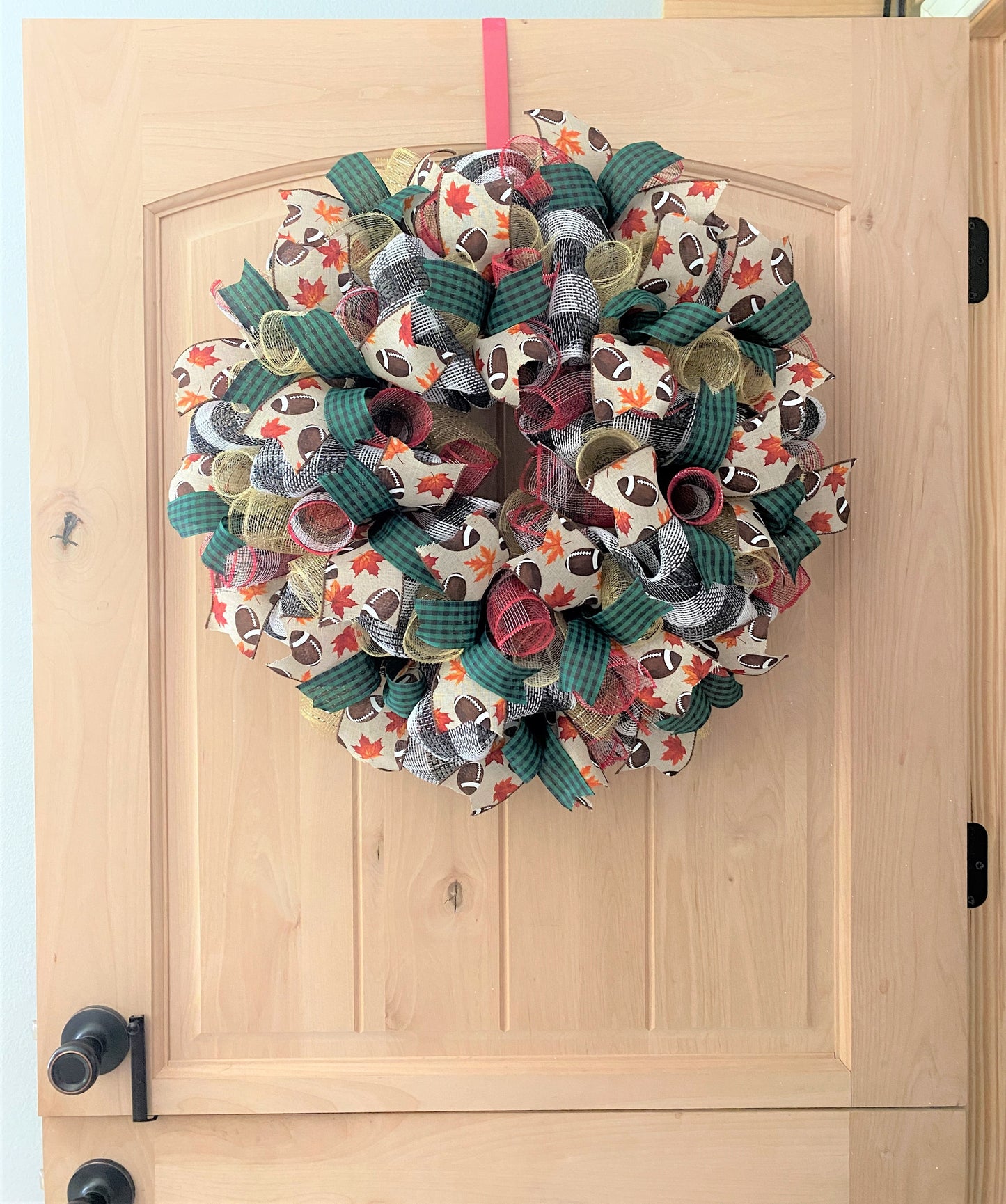Fall Football Wreath, Deco Mesh and Ribbon Wreath, Green, Brown, Beige, Gold, Red, Black, White, Medium to Large Size