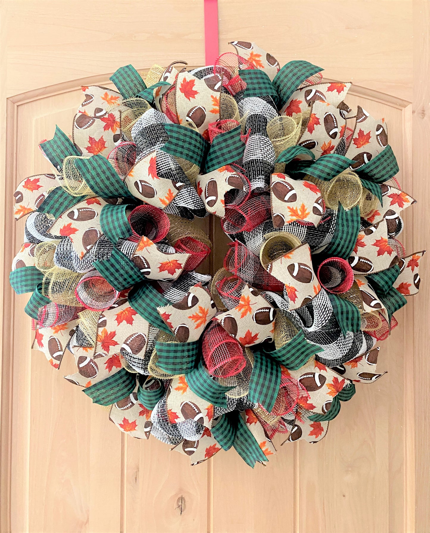 Fall Football Wreath, Deco Mesh and Ribbon Wreath, Green, Brown, Beige, Gold, Red, Black, White, Medium to Large Size