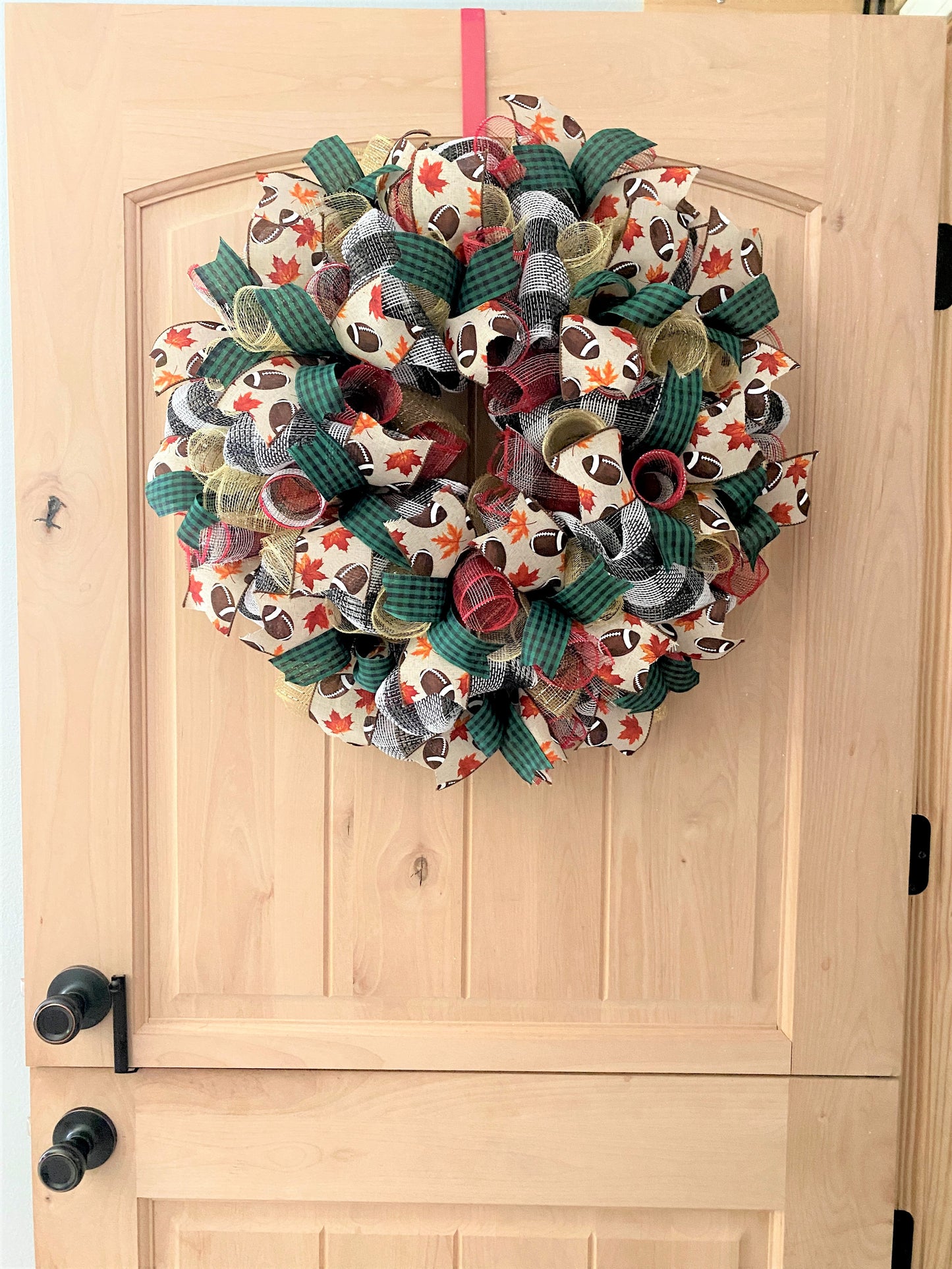 Fall Football Wreath, Deco Mesh and Ribbon Wreath, Green, Brown, Beige, Gold, Red, Black, White, Medium to Large Size