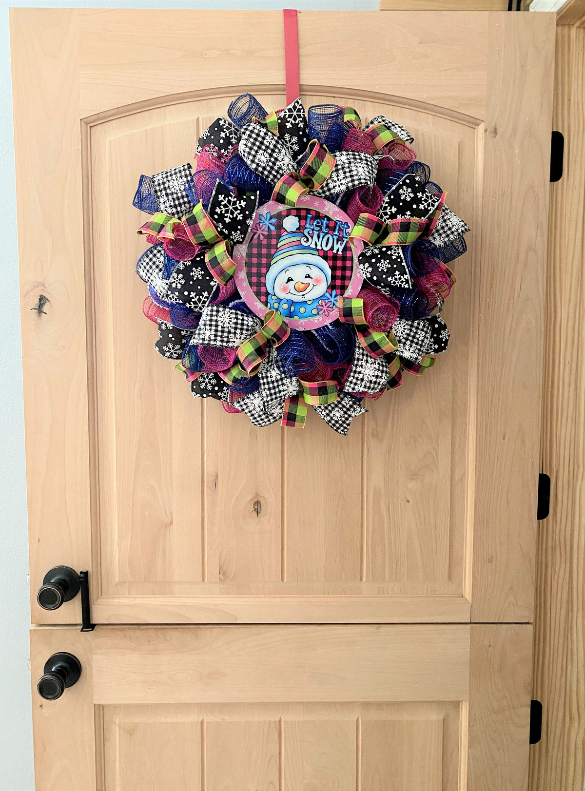 Snowman Wreath, Let It Snow, Snowflakes, Plaid, Deco Mesh and Ribbon, Pink, Black, Blue, Green, White, Small to Medium Size