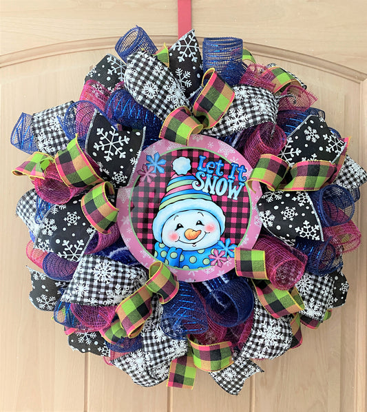 Snowman Wreath, Let It Snow, Snowflakes, Plaid, Deco Mesh and Ribbon, Pink, Black, Blue, Green, White, Small to Medium Size