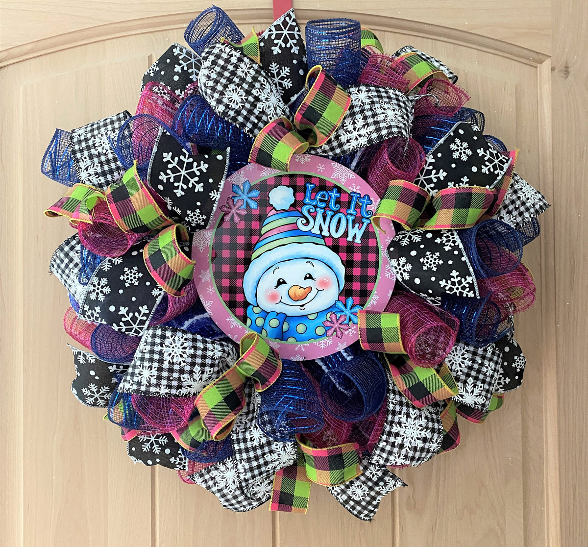 Snowman Wreath, Let It Snow, Snowflakes, Plaid, Deco Mesh and Ribbon, Pink, Black, Blue, Green, White, Small to Medium Size