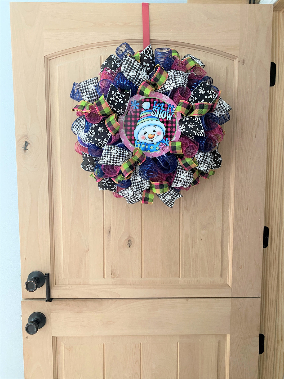 Snowman Wreath, Let It Snow, Snowflakes, Plaid, Deco Mesh and Ribbon, Pink, Black, Blue, Green, White, Small to Medium Size
