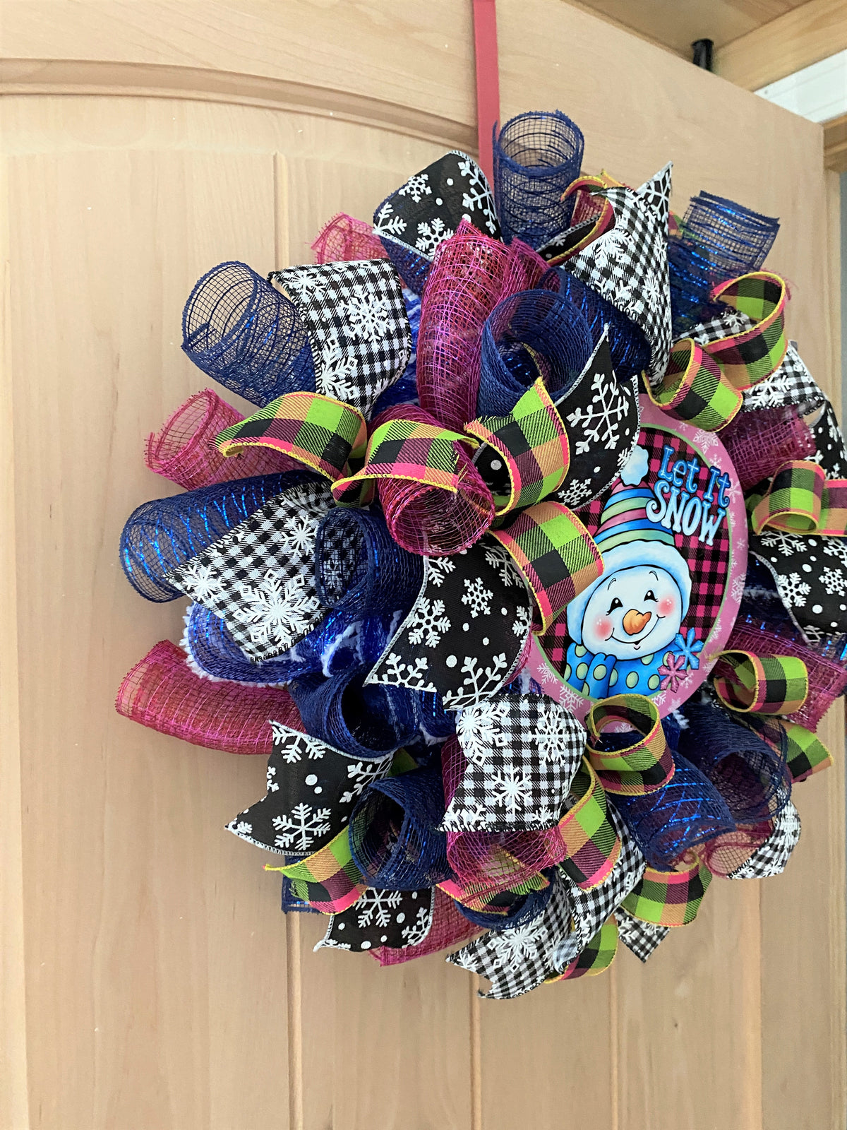 Snowman Wreath, Let It Snow, Snowflakes, Plaid, Deco Mesh and Ribbon, Pink, Black, Blue, Green, White, Small to Medium Size
