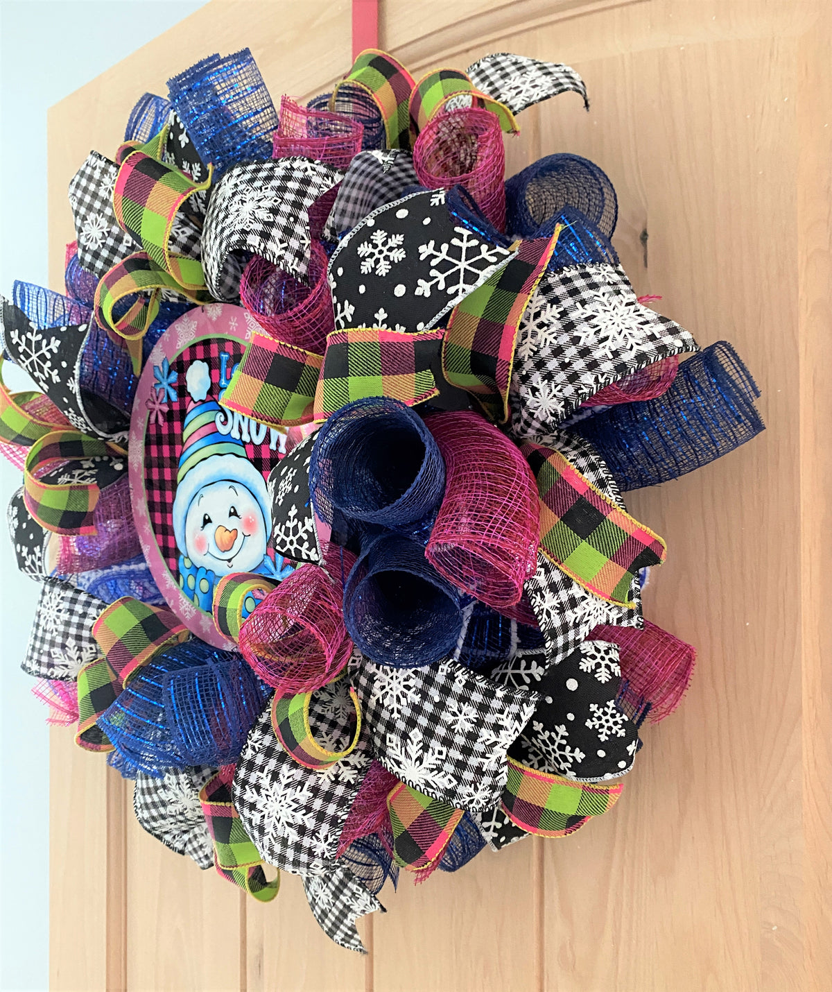 Snowman Wreath, Let It Snow, Snowflakes, Plaid, Deco Mesh and Ribbon, Pink, Black, Blue, Green, White, Small to Medium Size