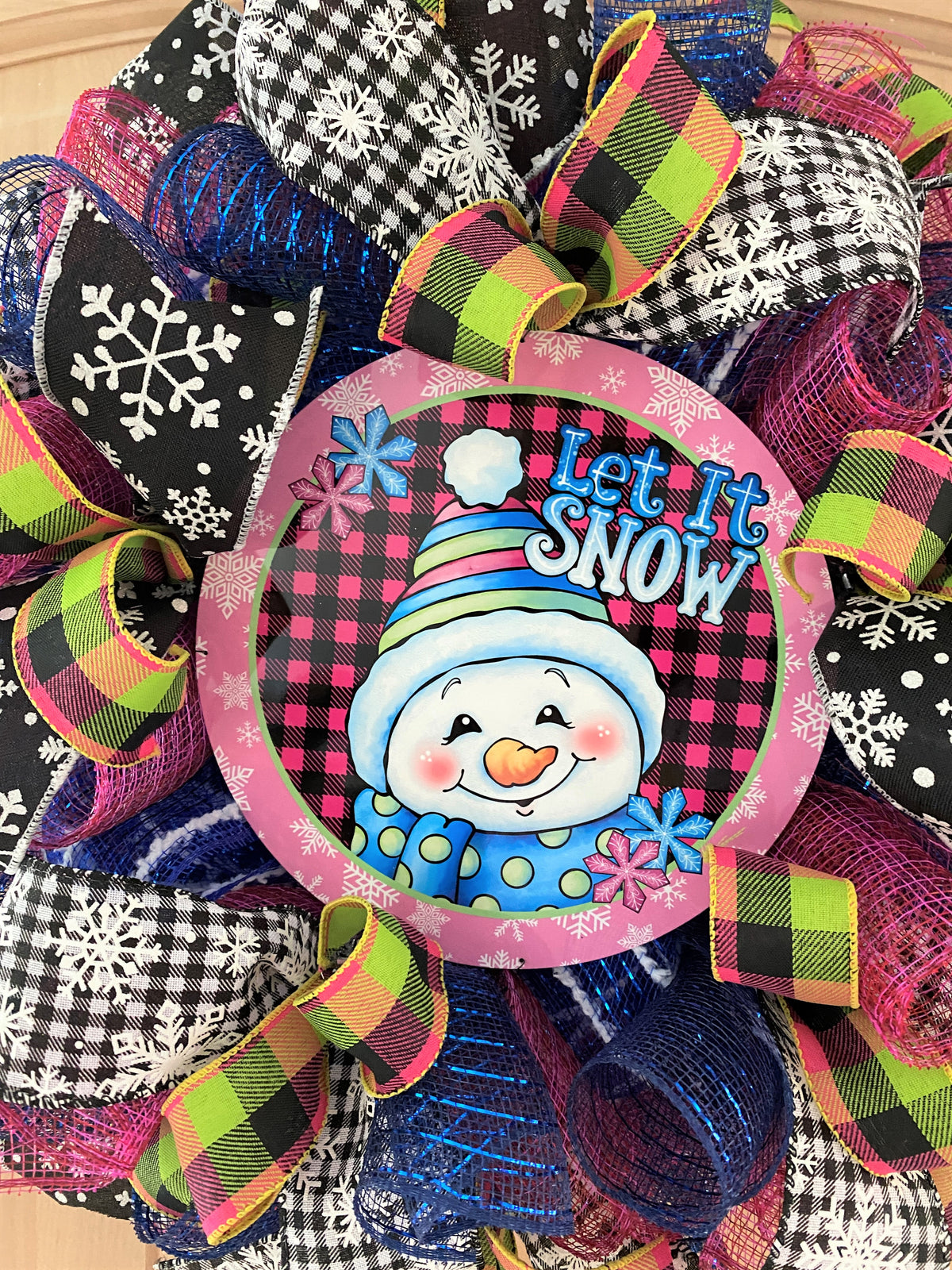 Snowman Wreath, Let It Snow, Snowflakes, Plaid, Deco Mesh and Ribbon, Pink, Black, Blue, Green, White, Small to Medium Size