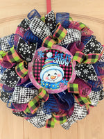 Snowman Wreath, Let It Snow, Snowflakes, Plaid, Deco Mesh and Ribbon, Pink, Black, Blue, Green, White, Small to Medium Size