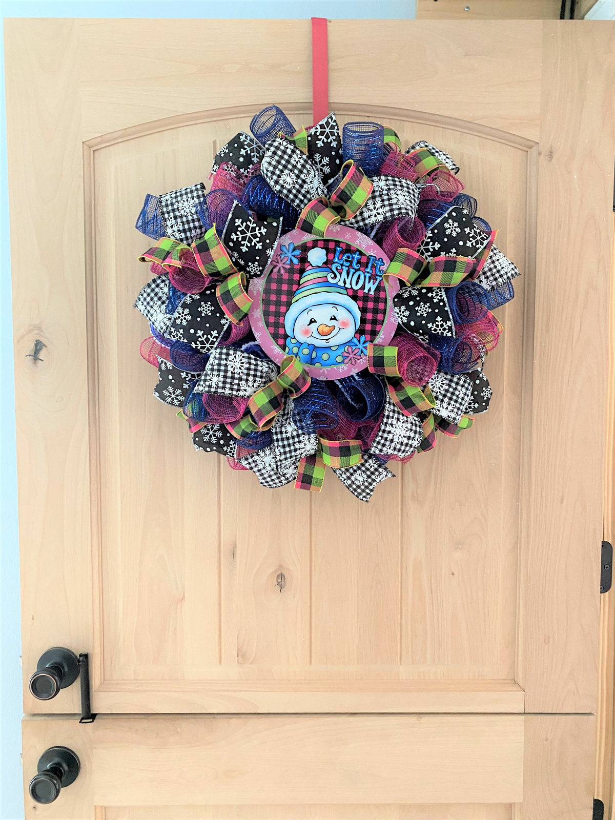 Snowman Wreath, Let It Snow, Snowflakes, Plaid, Deco Mesh and Ribbon, Pink, Black, Blue, Green, White, Small to Medium Size