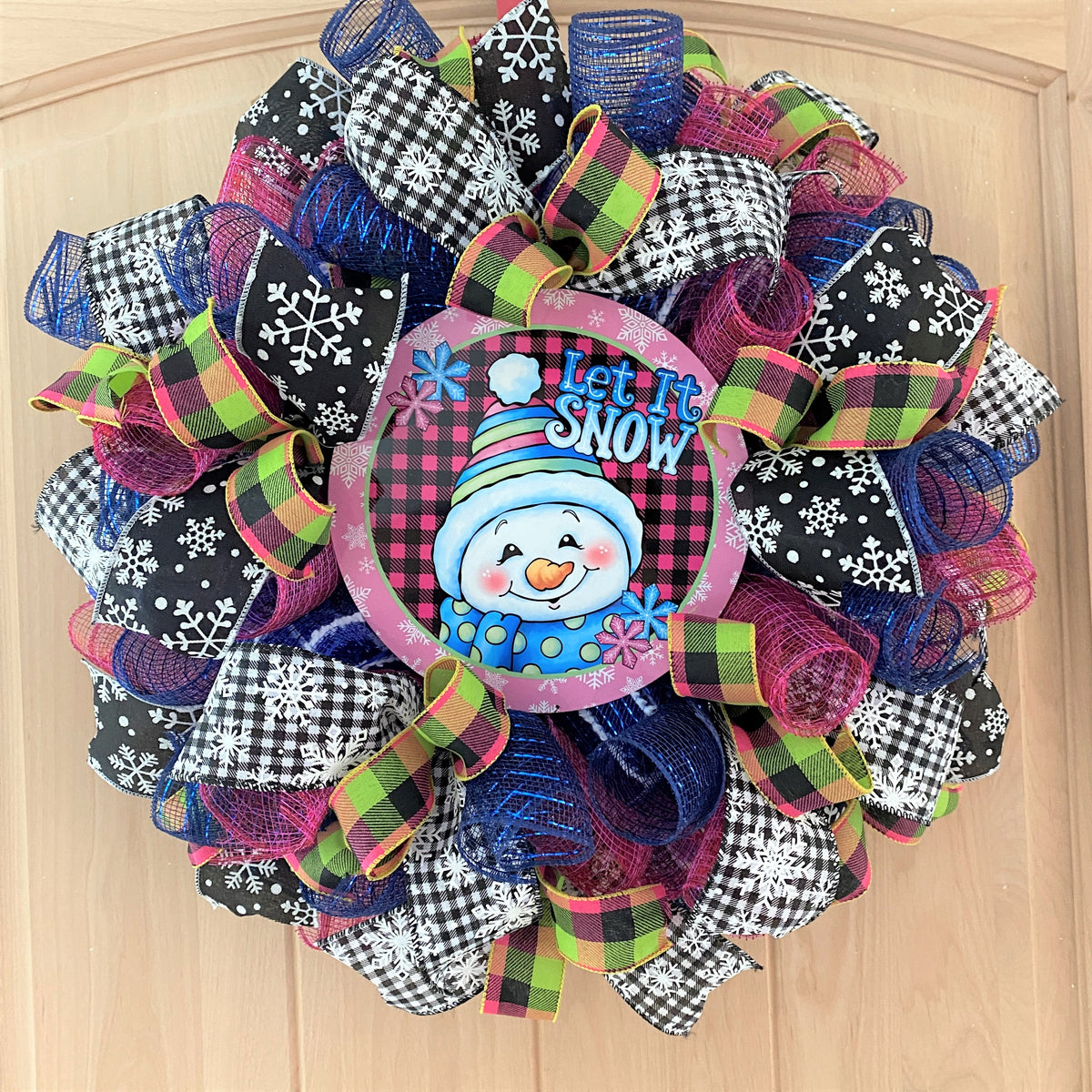 Snowman Wreath, Let It Snow, Snowflakes, Plaid, Deco Mesh and Ribbon, Pink, Black, Blue, Green, White, Small to Medium Size