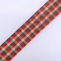 Cut at 3 Yard Increments, Plaid, Green, Red, Beige, Gold Metallic, Wired Ribbon, 2.5" X 3YD