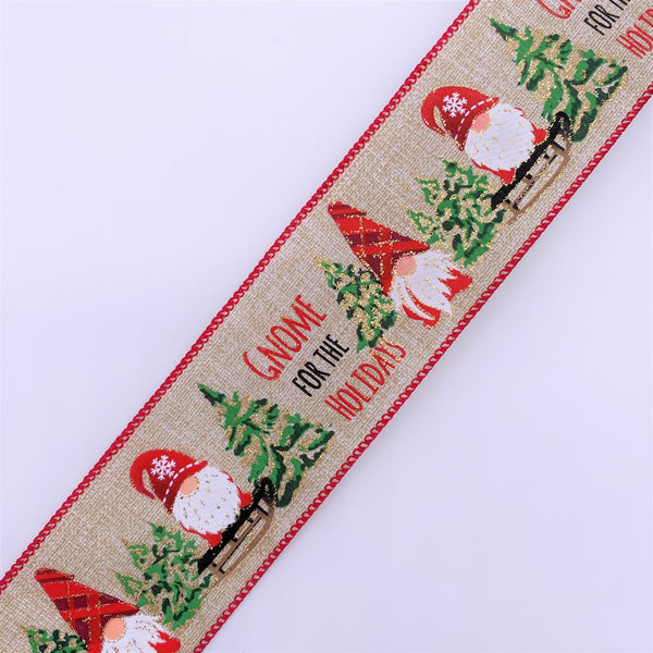 Cut at 3 Yard Increments, Gnome For The  Holidays, Gnomes, Beige, Red, Green, Gold, Brown, Black, Wired Ribbon, 2.5" X 3YD