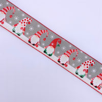 Cut at 3 Yard Increments, Holiday Gnomes, Grey, Green, Red, Glitter, Wired Ribbon, 2.5" X 3YD