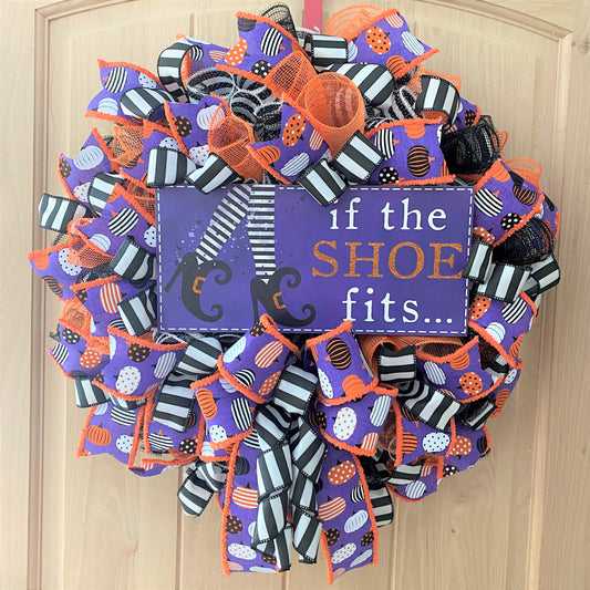 Witch Wreath, Halloween, If The Shoe Fits, Deco Mesh Wreath, Purple, Orange, Black, White