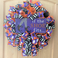 Halloween, Witch Wreath, If The Shoe Fits, Deco Mesh, Ribbon, Purple, Orange, Black, White, Medium To Large Size