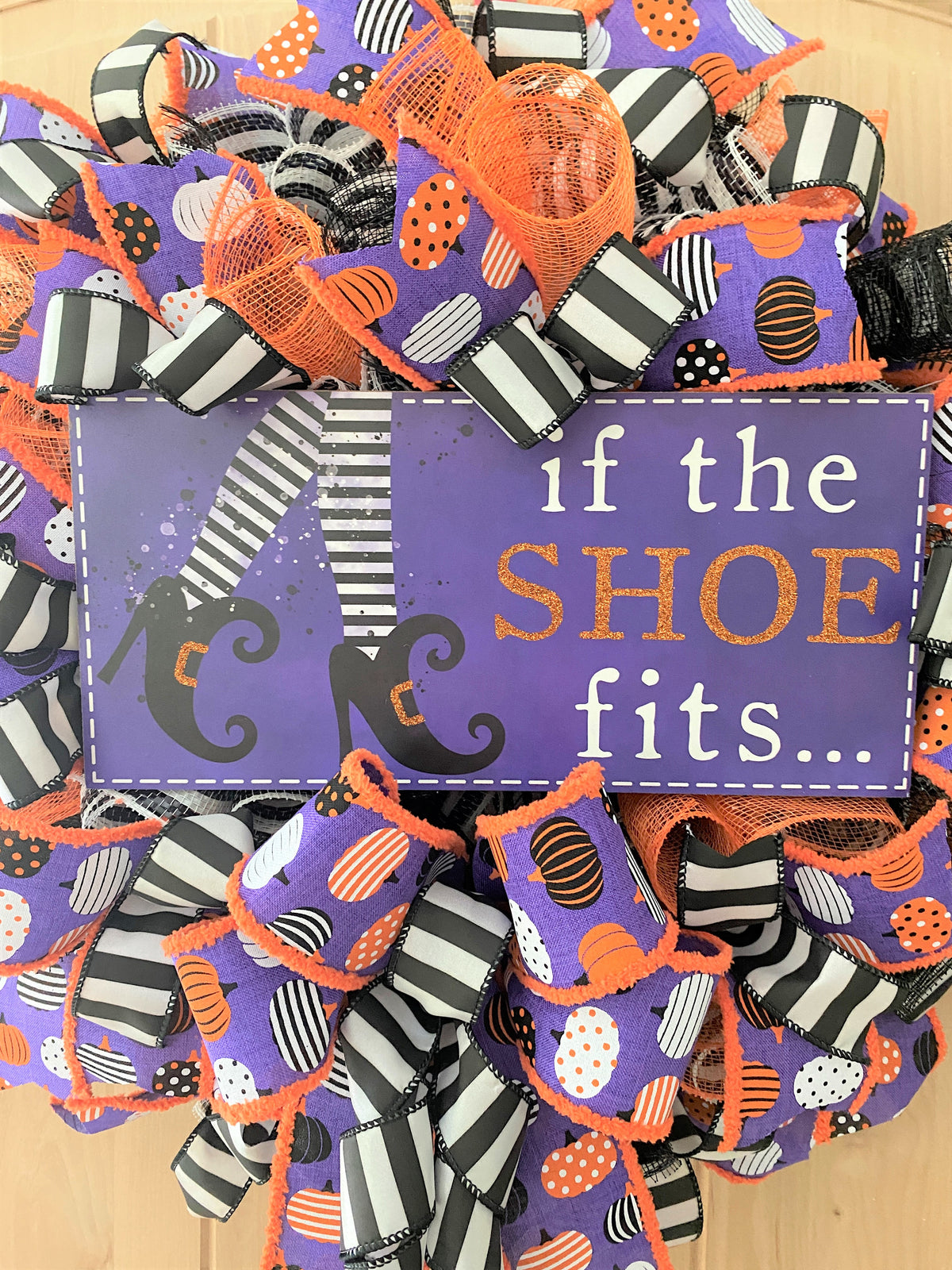Witch Wreath, Halloween, If The Shoe Fits, Deco Mesh Wreath, Purple, Orange, Black, White