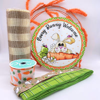 Easter Wreath KIT, Every Bunny Welcome, Easter Bunny, Carrots, Plaid, Green, Orange, Beige, White, Kit #4