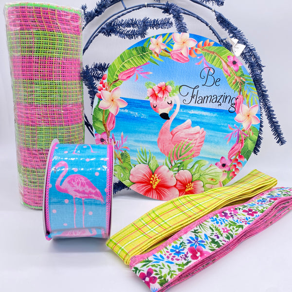 Flamingo Wreath KIT, Be Flamazing, Flamingos, Tropical, Floral, Plaid, Pink, Green, Blue, Yellow, White, Kit #6