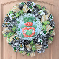 St. Patrick's Day, Wreath, Gnome, Lucky, Leprechaun, Shamrocks, Hearts, Glitter, Green, Gold, White, Black, Wired Ribbons, Large Size