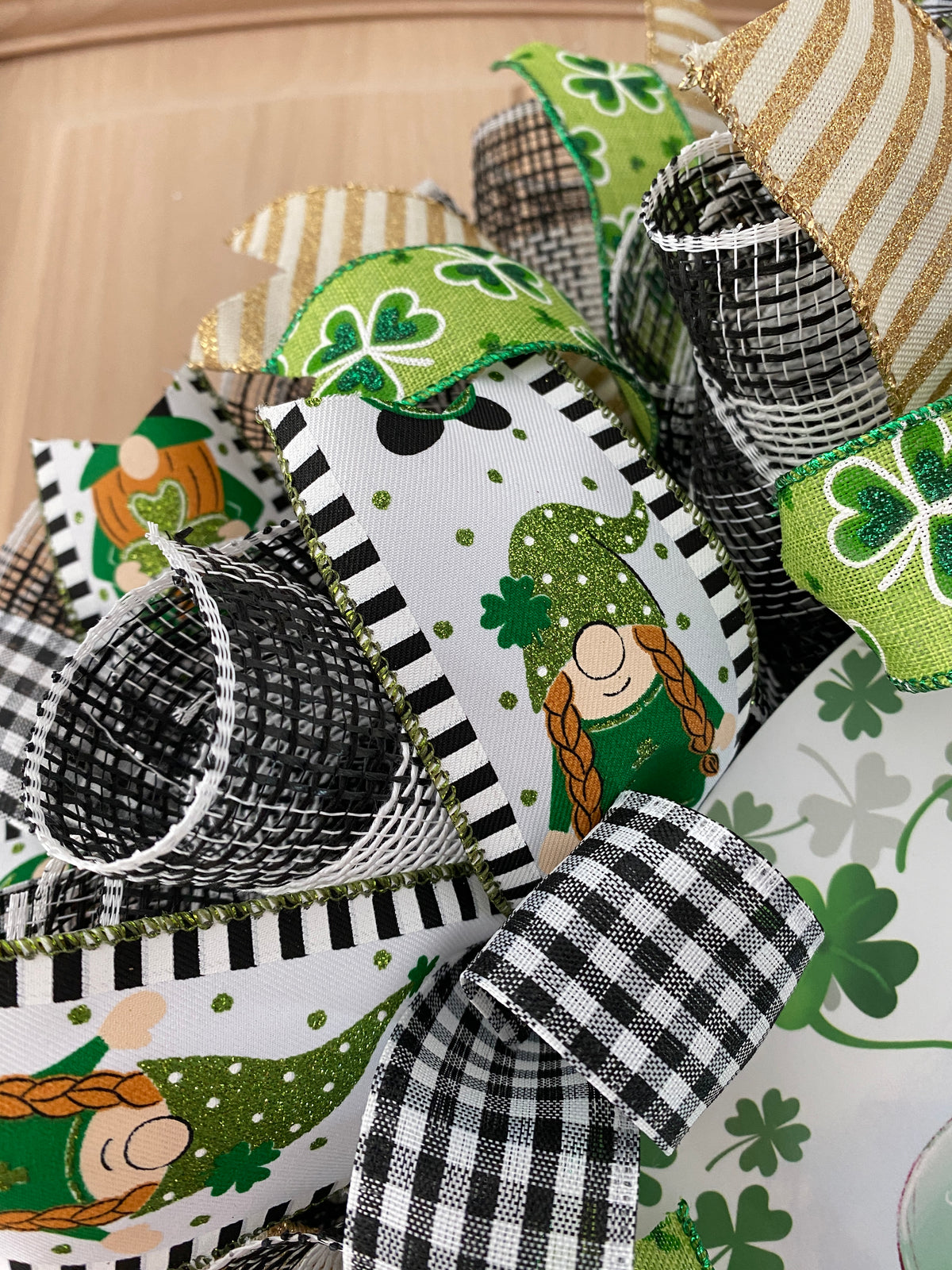 St. Patrick's Day, Wreath, Gnome, Lucky, Leprechaun, Shamrocks, Hearts, Glitter, Green, Gold, White, Black, Wired Ribbons, Large Size