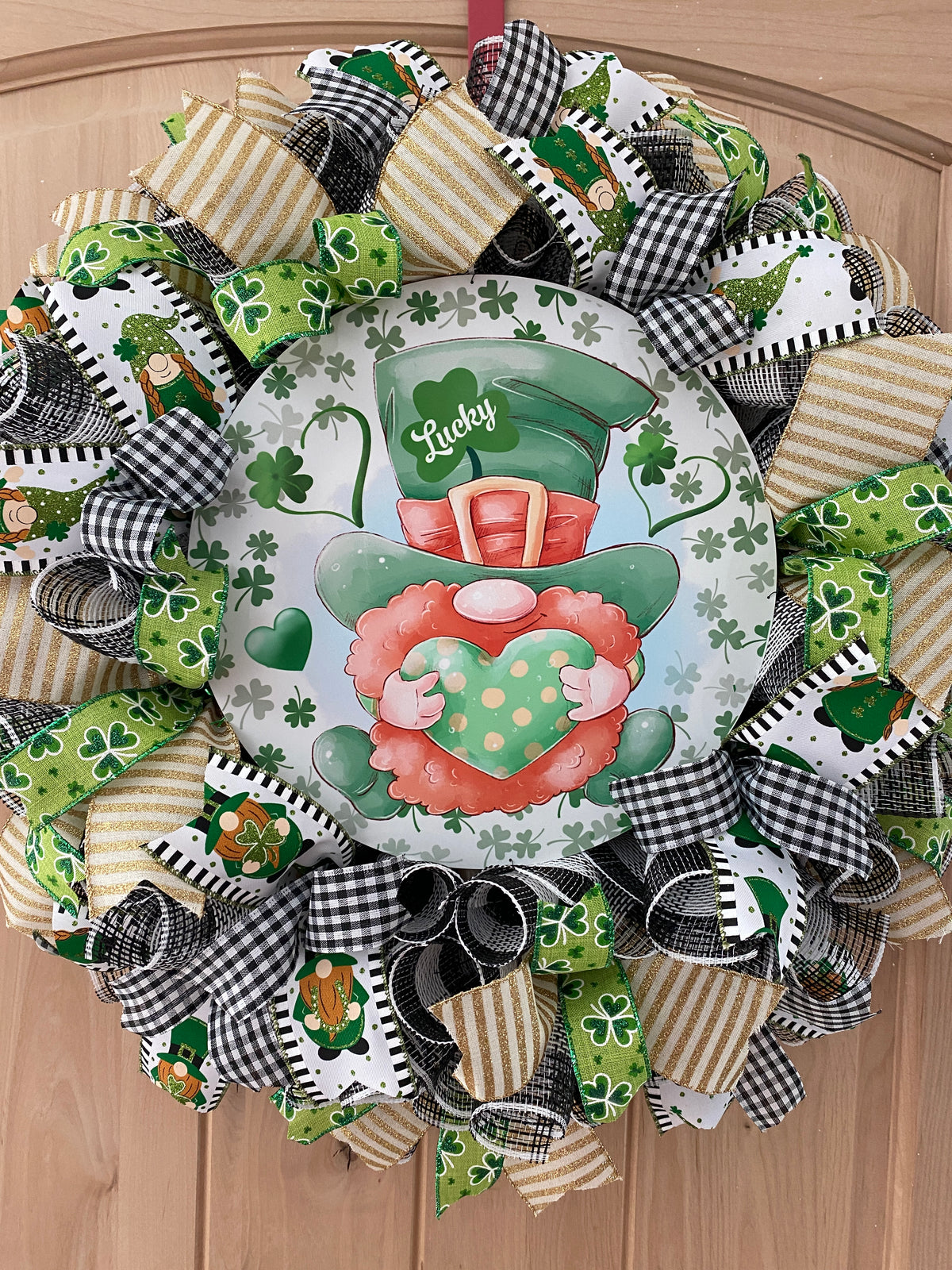 St. Patrick's Day, Wreath, Gnome, Lucky, Leprechaun, Shamrocks, Hearts, Glitter, Green, Gold, White, Black, Wired Ribbons, Large Size
