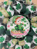 St. Patrick's Day, Wreath, Leprechaun, Shamrocks, Hearts, Happy Shamrock Day, Glitter, Green, White, Black, Pink, Wired Ribbons, Medium Size