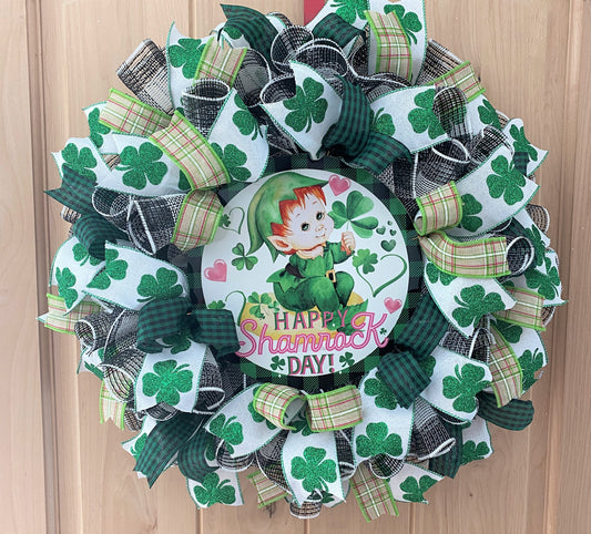 St. Patrick's Day, Wreath, Leprechaun, Shamrocks, Hearts, Happy Shamrock Day, Glitter, Green, White, Black, Pink, Wired Ribbons, Medium Size