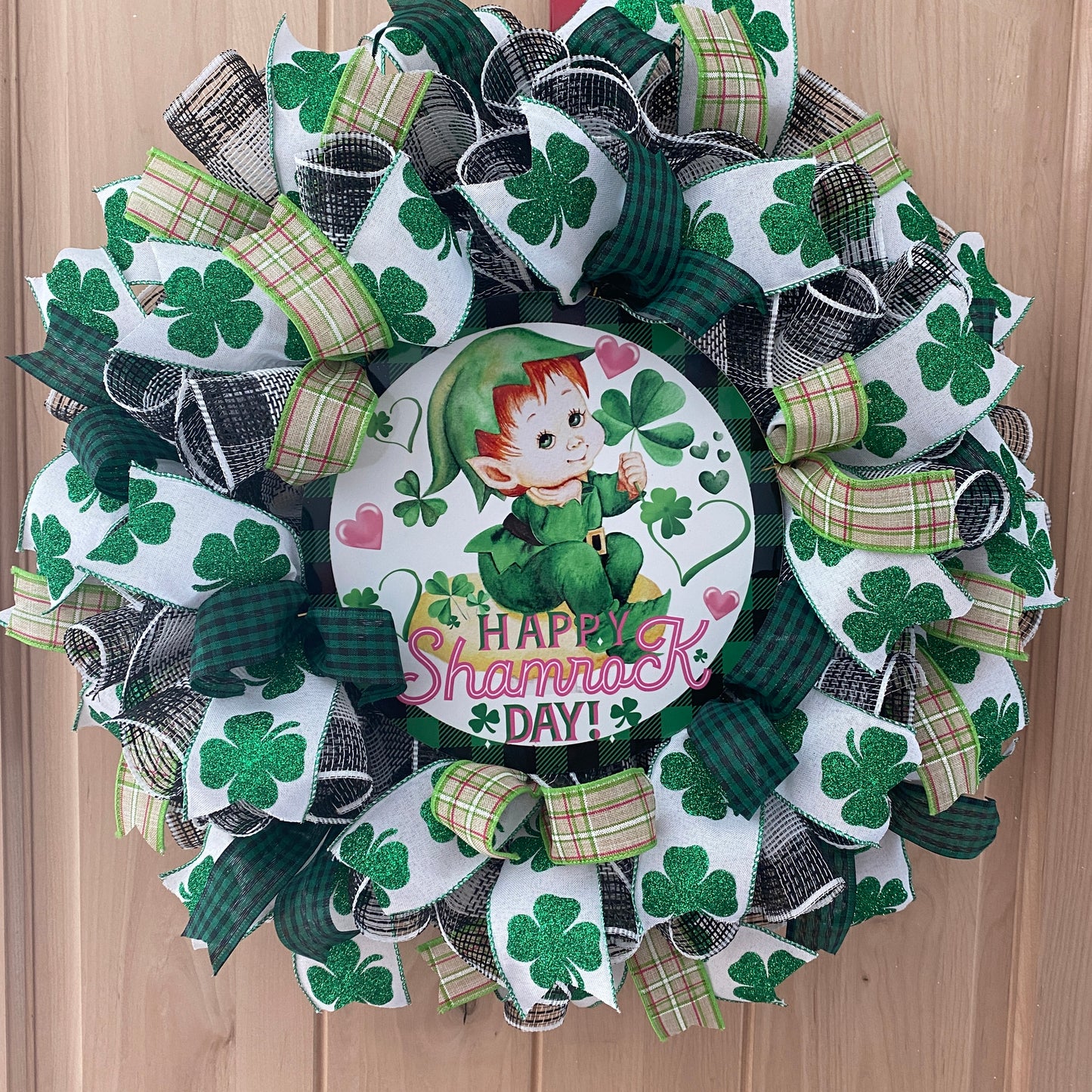 St. Patrick's Day, Wreath, Leprechaun, Shamrocks, Hearts, Happy Shamrock Day, Glitter, Green, White, Black, Pink, Wired Ribbons, Medium Size