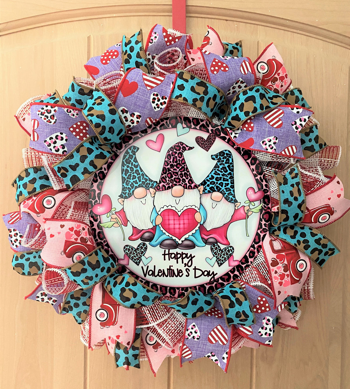 Valentine Wreath, Gnomes, Happy Valentine's Day, Leopard, Hearts, Red, Pink, Turquoise, White, Small Size