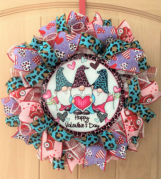 Valentine Wreath, Gnomes, Happy Valentine's Day, Leopard, Hearts, Red, Pink, Turquoise, White, Small Size
