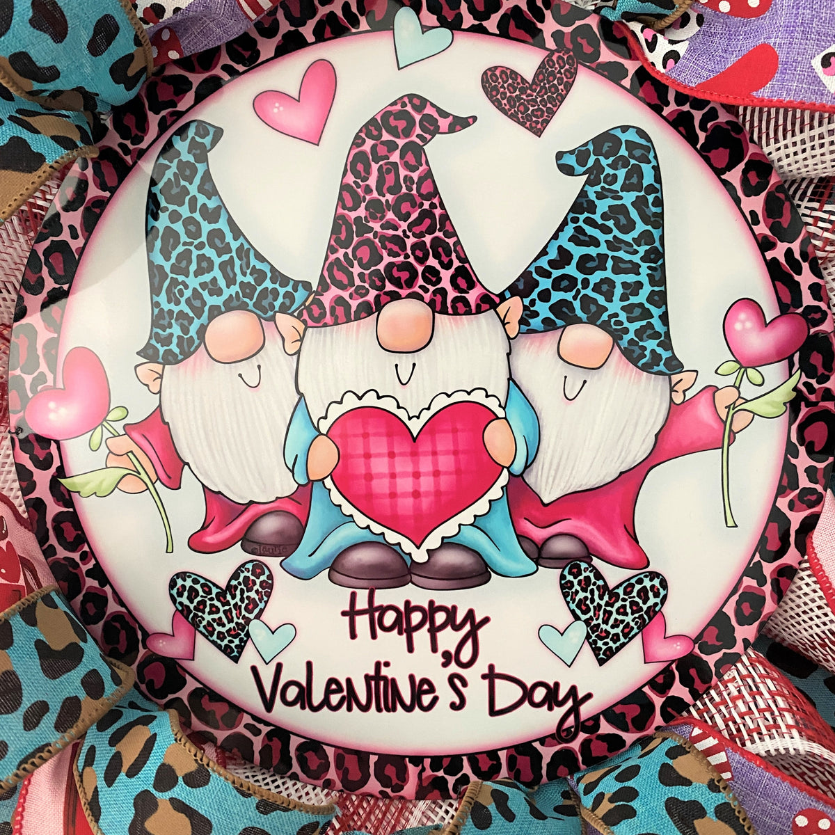 Valentine Wreath, Gnomes, Happy Valentine's Day, Leopard, Hearts, Red, Pink, Turquoise, White, Small Size