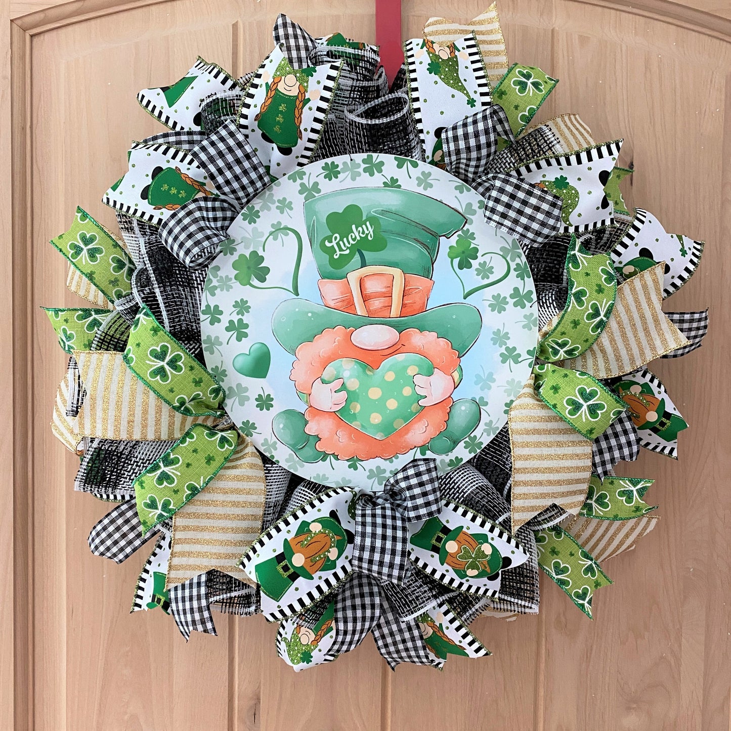 St. Patrick's Day, Wreath, Gnome, Lucky, Leprechaun, Shamrocks, Hearts, Glitter, Green, Gold, White, Black, Wired Ribbons, Small Size