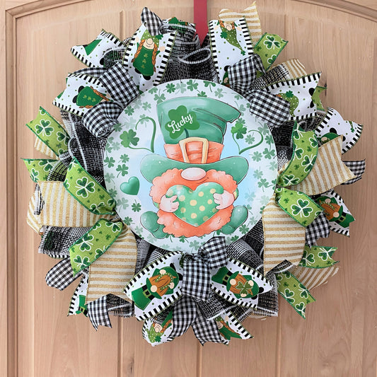 St. Patrick's Day, Wreath, Gnome, Lucky, Leprechaun, Shamrocks, Hearts, Glitter, Green, Gold, White, Black, Wired Ribbons, Small Size