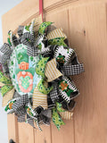 St. Patrick's Day, Wreath, Gnome, Lucky, Leprechaun, Shamrocks, Hearts, Glitter, Green, Gold, White, Black, Wired Ribbons, Small Size