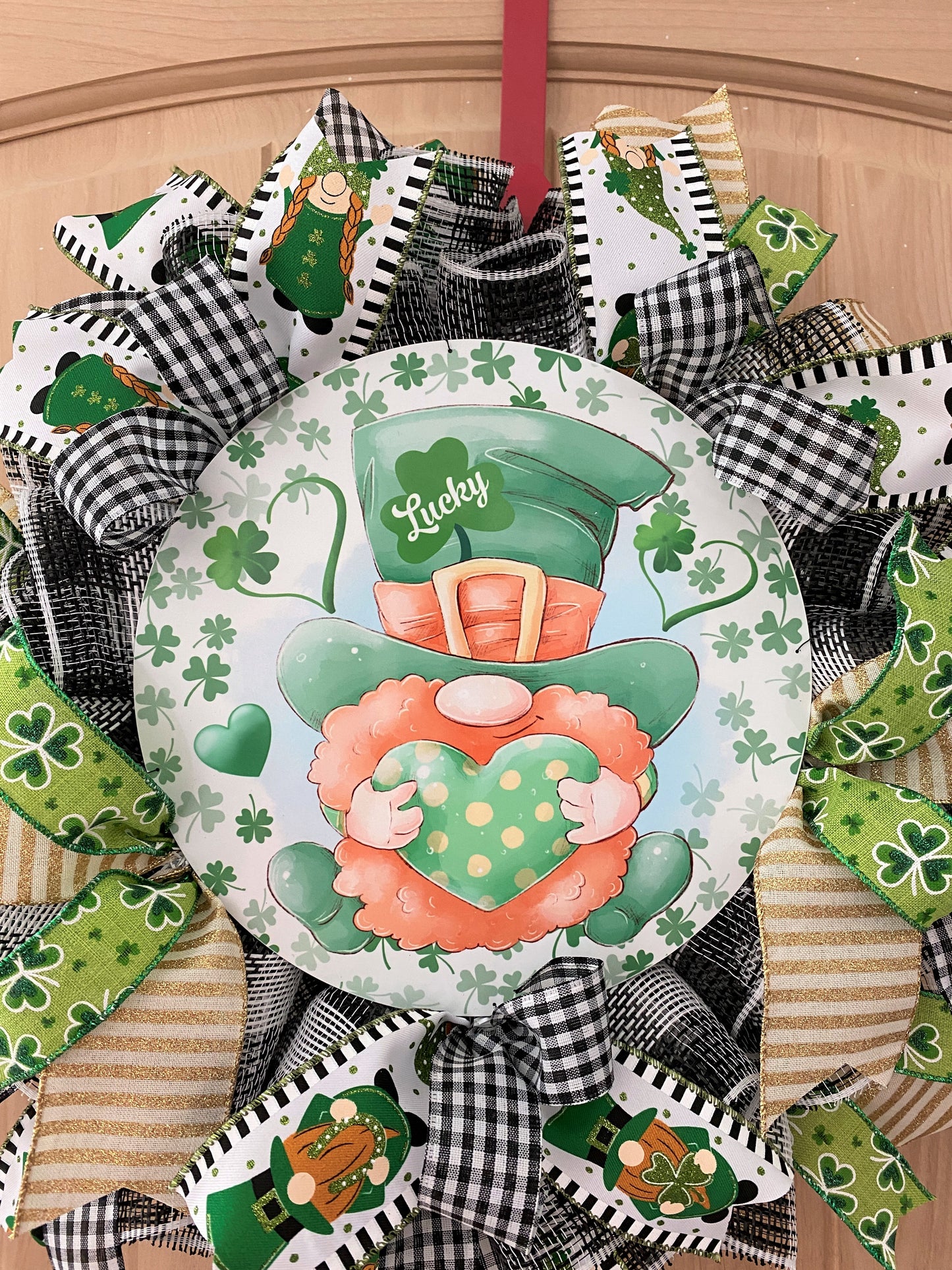 St. Patrick's Day, Wreath, Gnome, Lucky, Leprechaun, Shamrocks, Hearts, Glitter, Green, Gold, White, Black, Wired Ribbons, Small Size