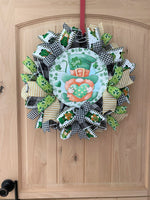 St. Patrick's Day, Wreath, Gnome, Lucky, Leprechaun, Shamrocks, Hearts, Glitter, Green, Gold, White, Black, Wired Ribbons, Small Size