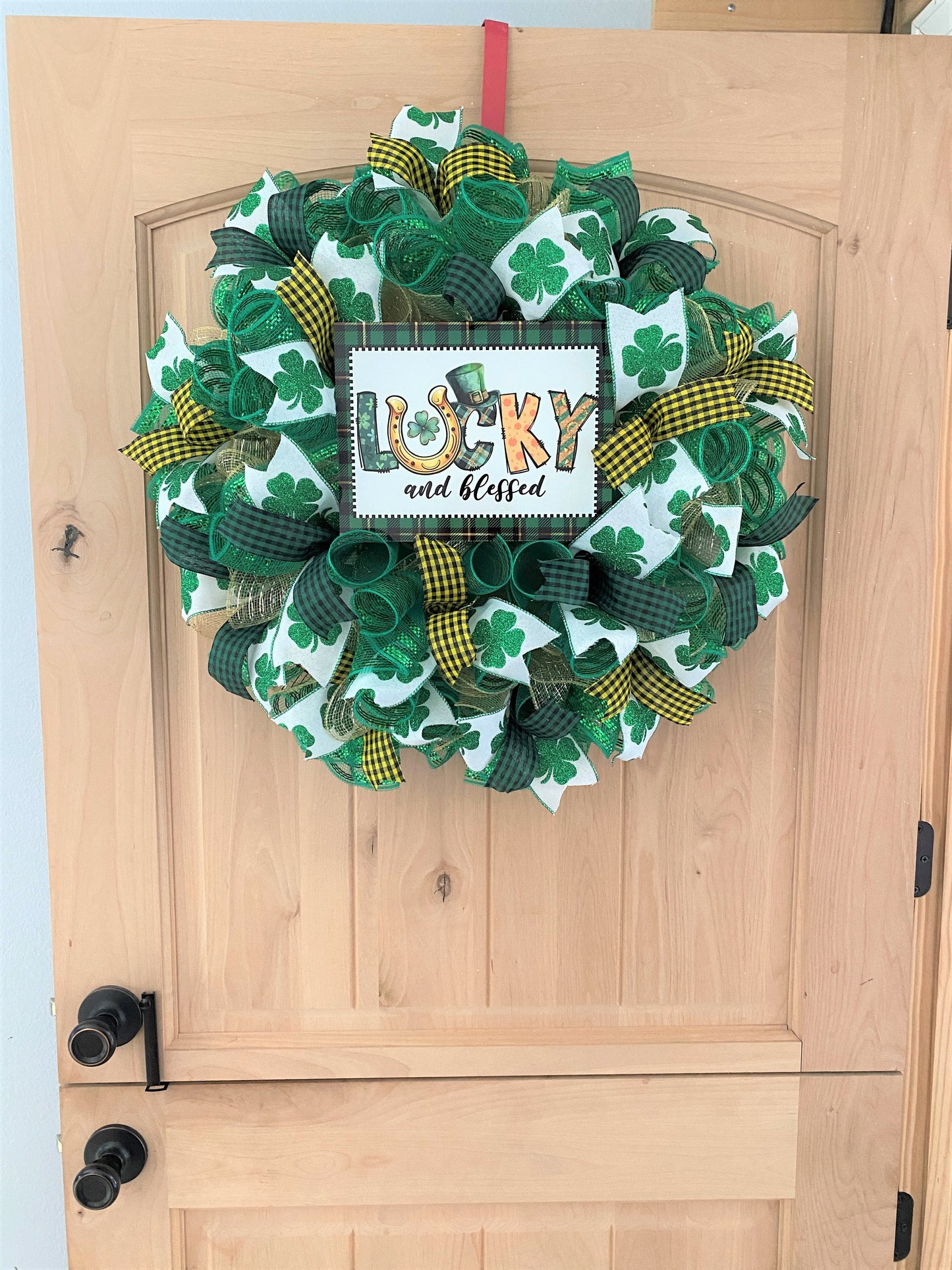 St. Patrick's Day, Wreath, Lucky and Blessed, Shamrocks, Glitter, Green, Gold, Wired Ribbons
