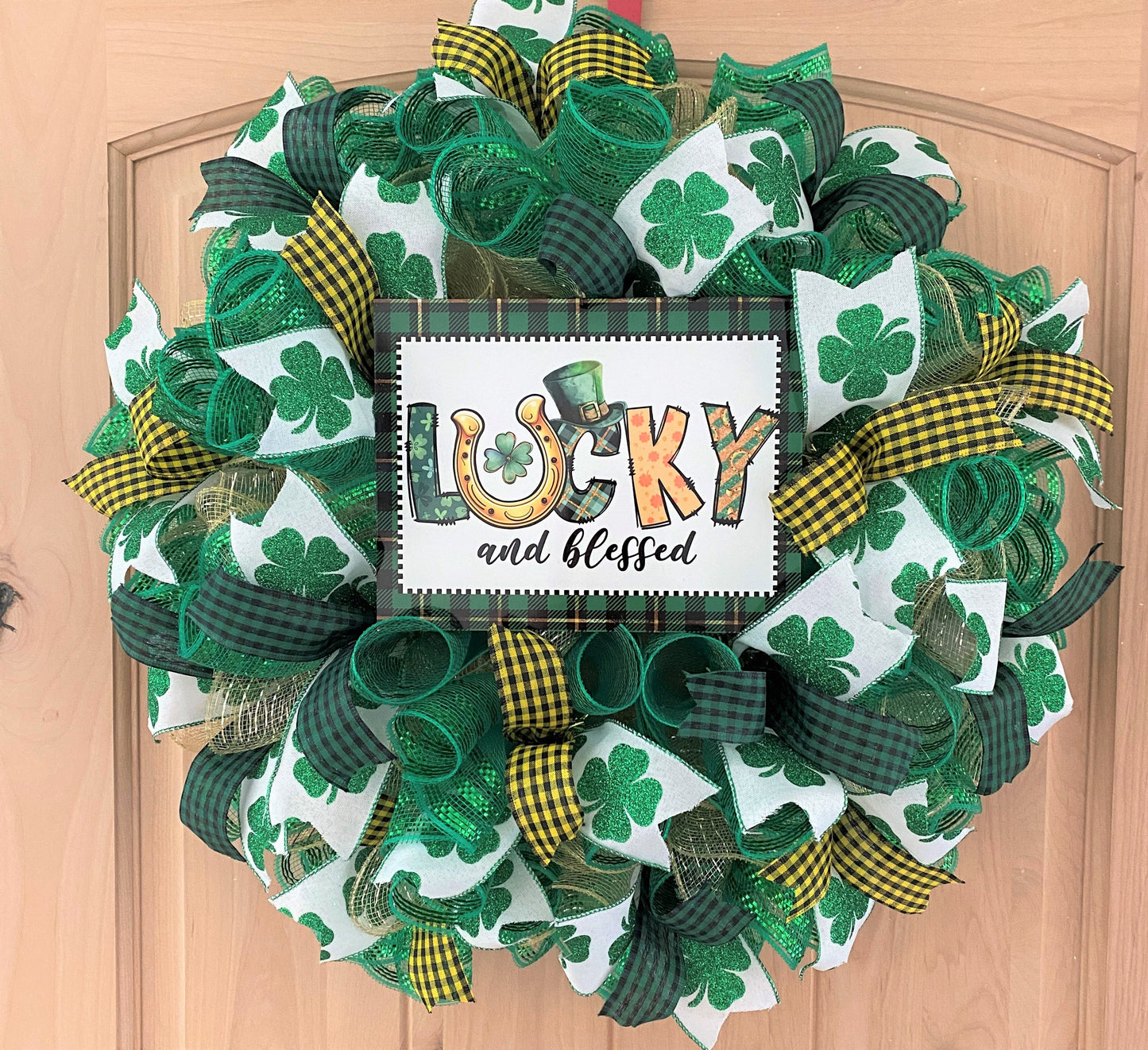 St. Patrick's Day, Wreath, Lucky and Blessed, Shamrocks, Glitter, Green, Gold, Wired Ribbons