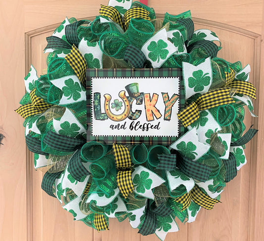 St. Patrick's Day, Wreath, Lucky and Blessed, Shamrocks, Glitter, Green, Gold, Wired Ribbons