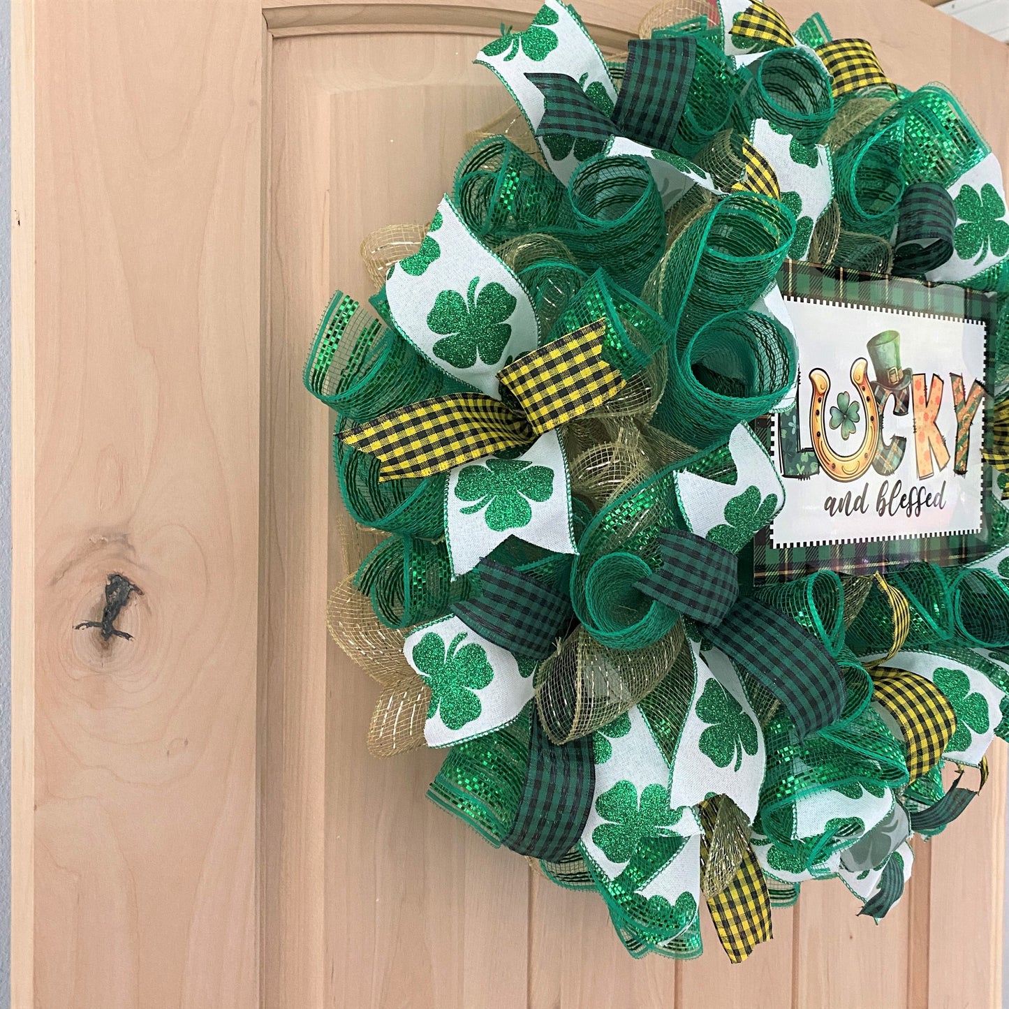 St. Patrick's Day, Wreath, Lucky and Blessed, Shamrocks, Glitter, Green, Gold, Wired Ribbons