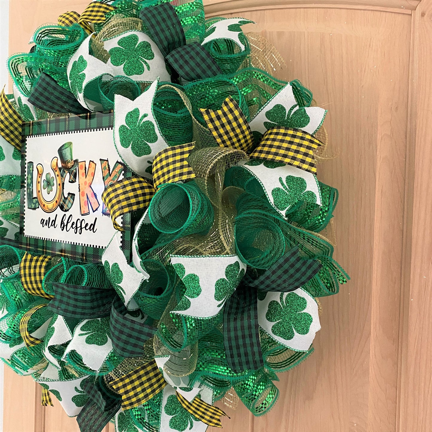 St. Patrick's Day, Wreath, Lucky and Blessed, Shamrocks, Glitter, Green, Gold, Wired Ribbons