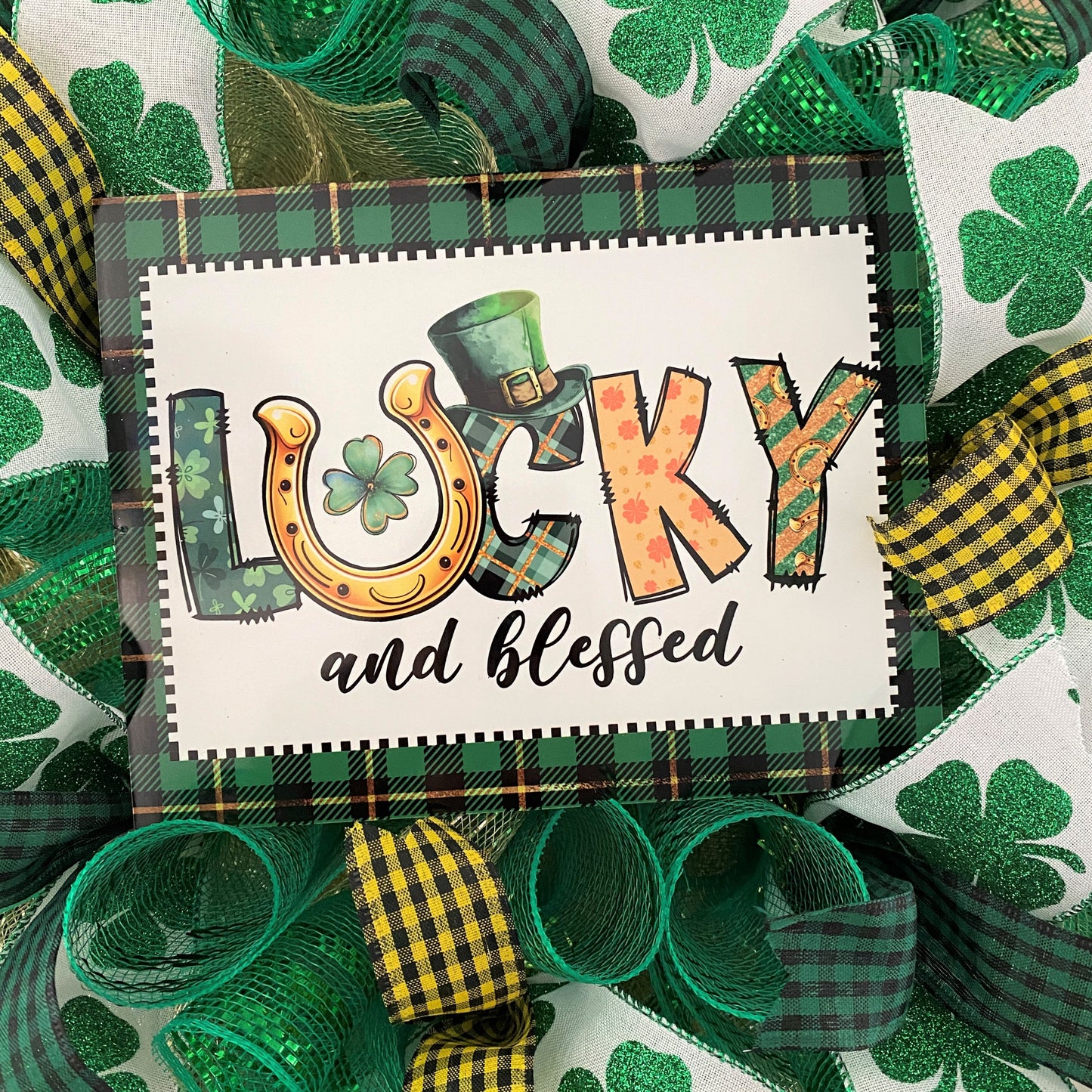 St. Patrick's Day, Wreath, Lucky and Blessed, Shamrocks, Glitter, Green, Gold, Wired Ribbons