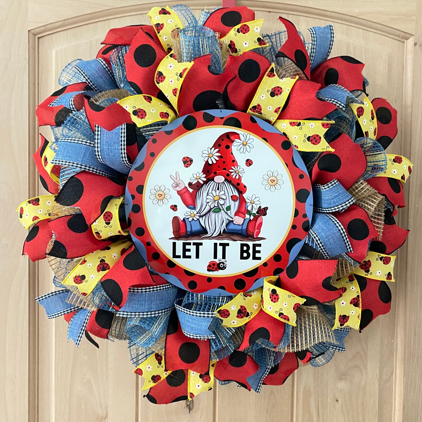 Gnome Ladybug, Let It Be, Deco Mesh Wreath, Red, Black, Blue, Yellow, Natural