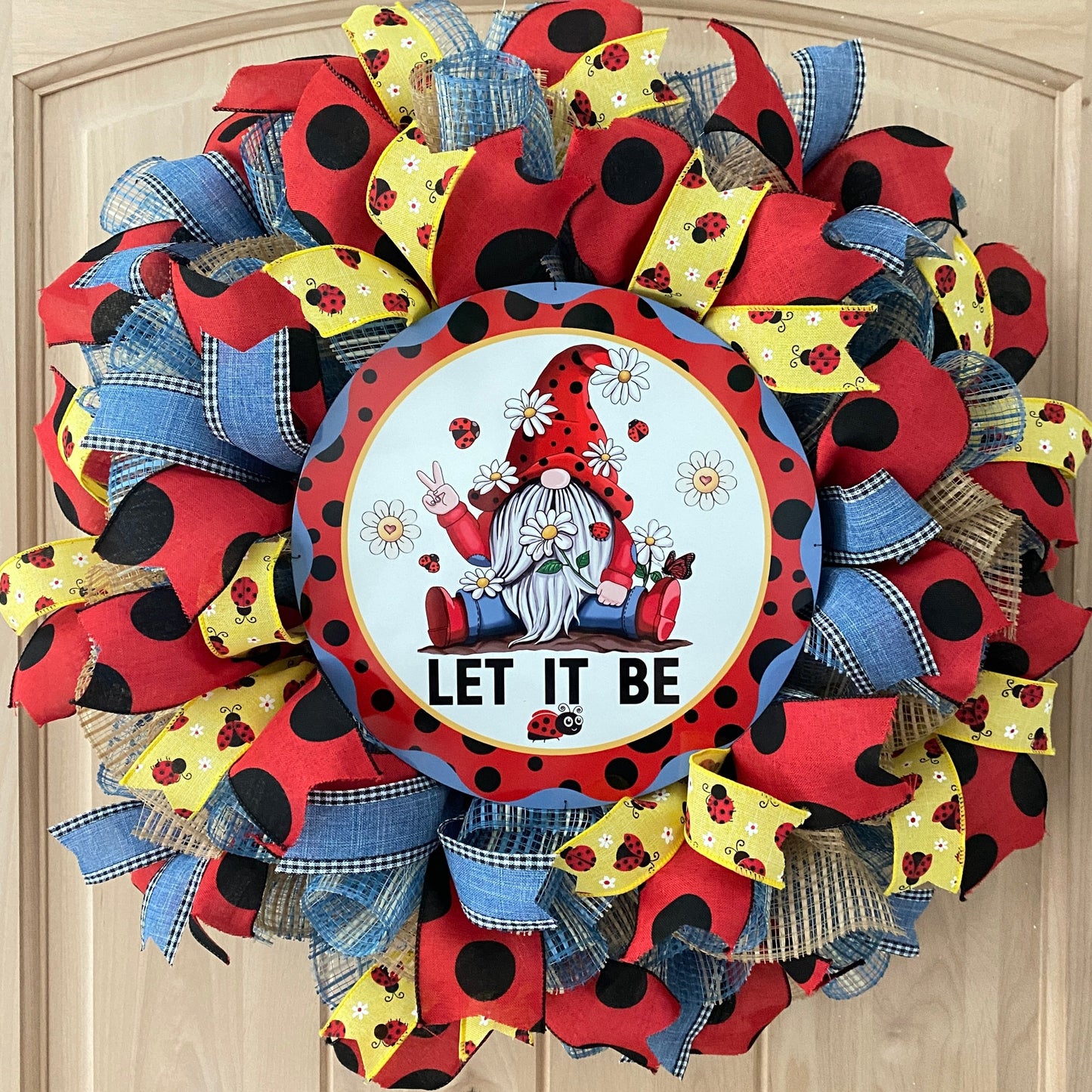Gnome Ladybug, Let It Be, Deco Mesh Wreath, Red, Black, Blue, Yellow, Natural