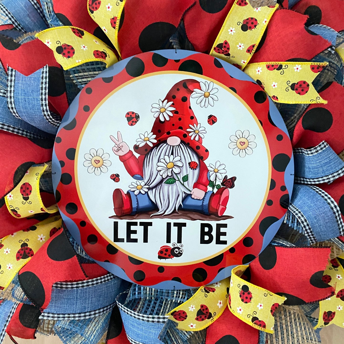 Gnome Ladybug, Let It Be, Deco Mesh Wreath, Red, Black, Blue, Yellow, Natural