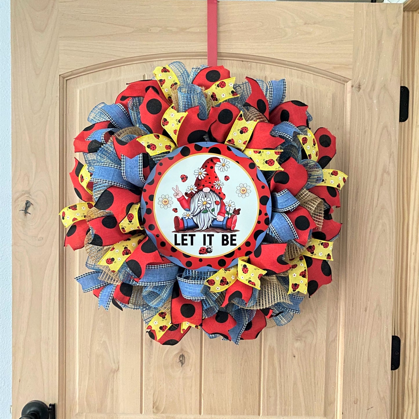 Gnome Ladybug, Let It Be, Deco Mesh Wreath, Red, Black, Blue, Yellow, Natural