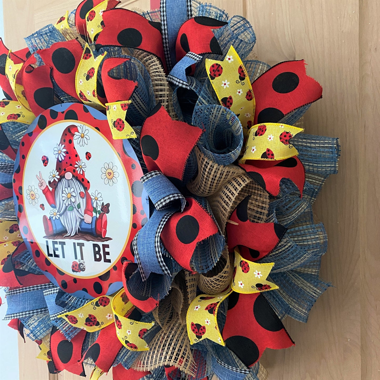 Gnome Ladybug, Let It Be, Deco Mesh Wreath, Red, Black, Blue, Yellow, Natural