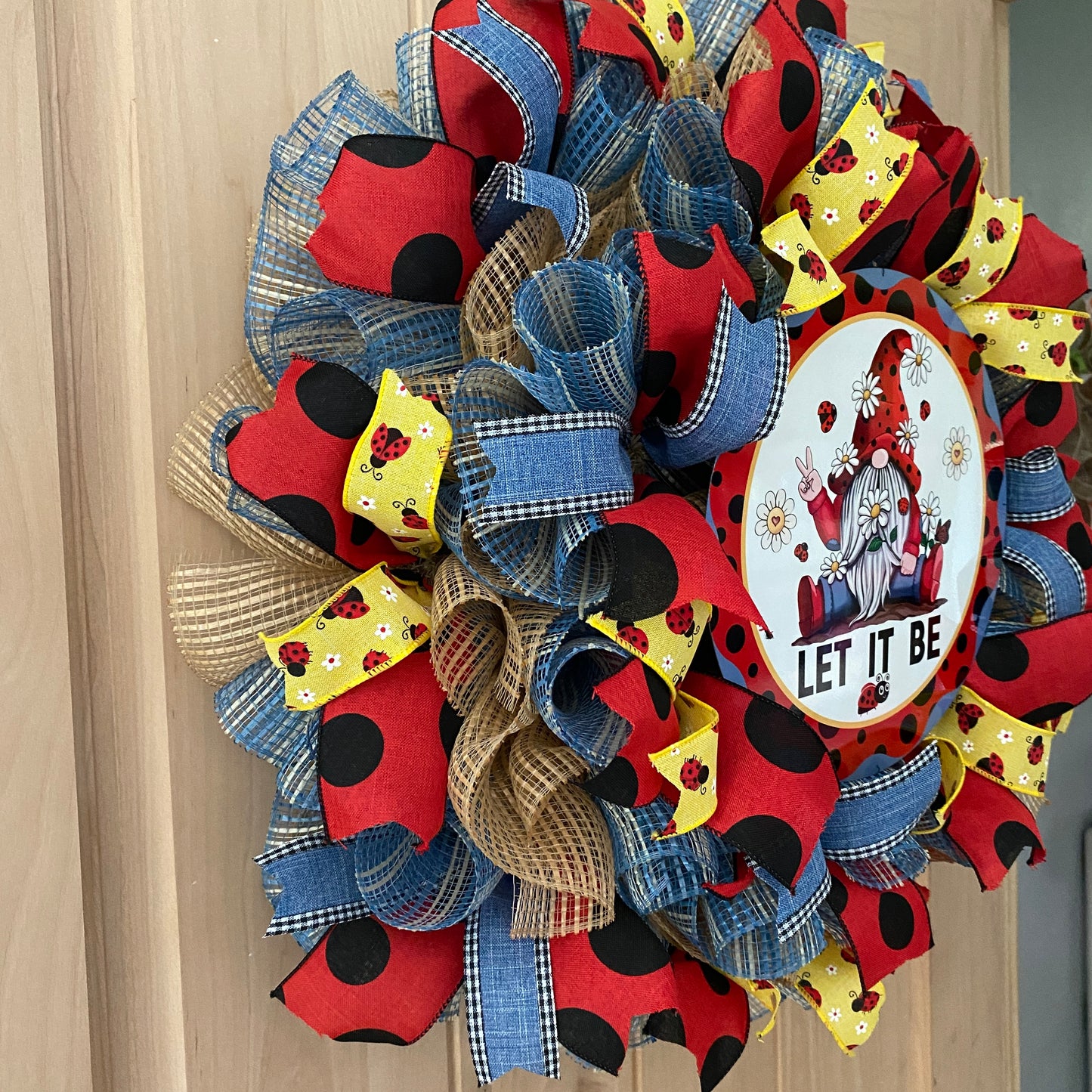 Gnome Ladybug, Let It Be, Deco Mesh Wreath, Red, Black, Blue, Yellow, Natural